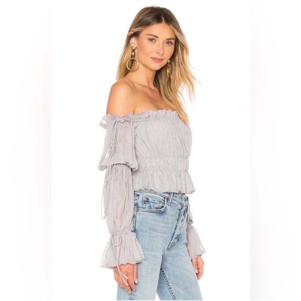 Tularosa Grey Lavender White Sands Off The Shoulder Ruffle Top M Chrissy Teigen